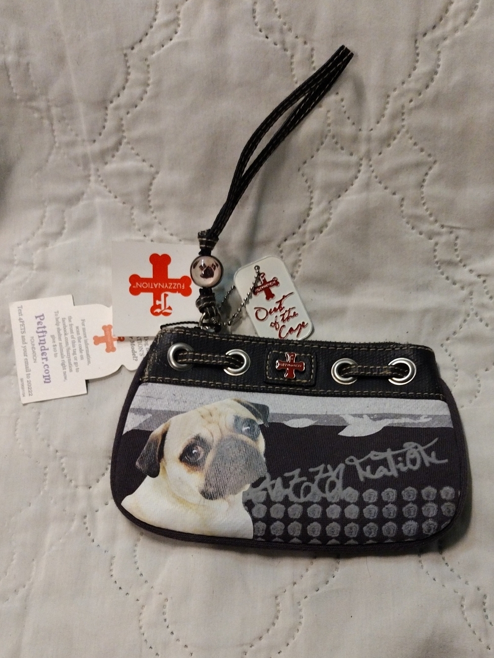 Fuzzy Nation Pug Print Wristlet Clutch in Black and Gray